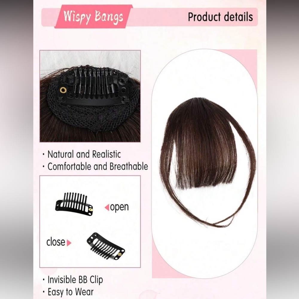 New Clip In Bangs 100% Human Hair Bangs Wispy Natural Brown Clip-In Bangs - Picture 6 of 9
